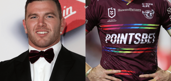 Keegan Hirst in a suit side-by-side next to the Manly Pride Jersey