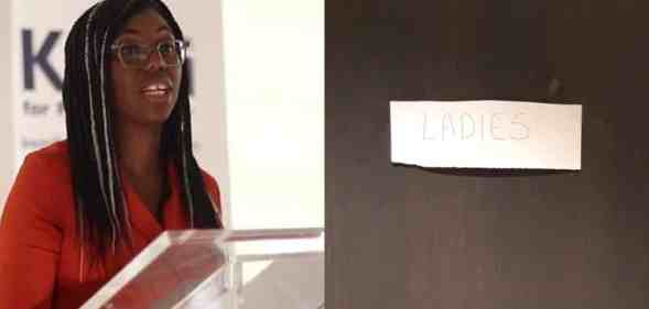 On the left: Kemi Badenoch speaking from the podium. On the right: A sign reading: 'Ladies'