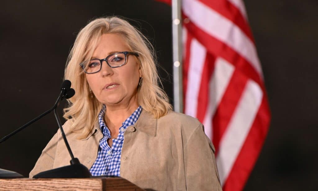 Liz Cheney stands at a podium with a US flag in the background