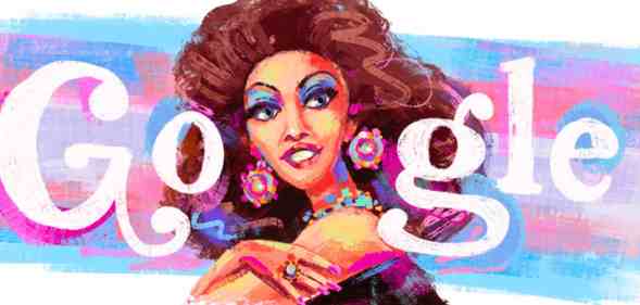 An illustration shows Cláudia Celeste, a trans actress, drawn in front of a trans Pride flag and the Google logo