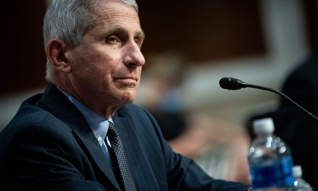 Dr Anthony Fauci sits at a table during a public health meeting