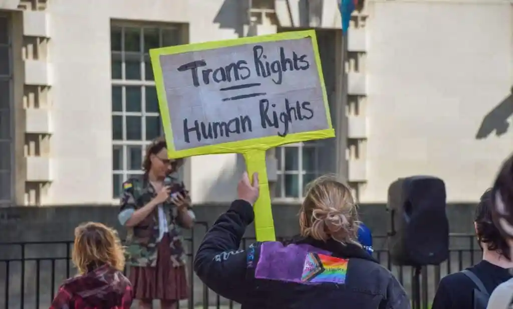 A protester holds a 'Trans Rights = Human Rights' placard during the trans rights demonstration