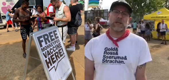 In the photograph on the left, people line up behind a sign at UK Black Pride that reads 'Free monkeypox vaccine here'. The image on the right is a still from a video in which Dr Will Nutland speaks to the camera while wearing a white shirt, red handkerchief and dark baseball cap