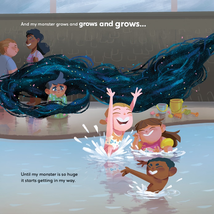 In this illustration, a trans young person is huddled up in a towel as a large scribble like monster surrounds her. Other children are playing in a book in front of her. The words on the page read: "And my monster grows and grows and grows... until my monster is so huge it starts getting in my way"
