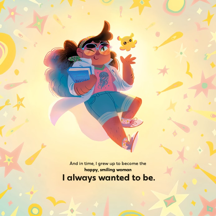 In this illustration, a young trans woman with long brown hair looks triumphant as she poses next to a small yellow monster. The words on the page reads: "And in time, I grew up to become the happy, smiling woman I always wanted to be."