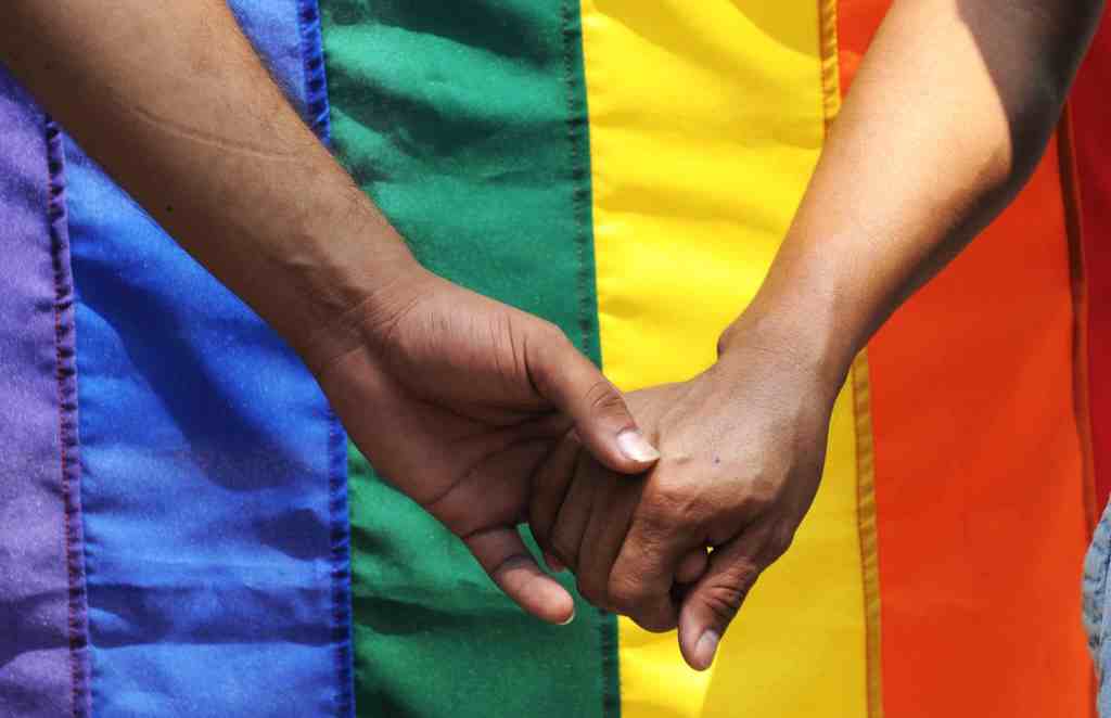 Two men holding hands in front of a pride flag.