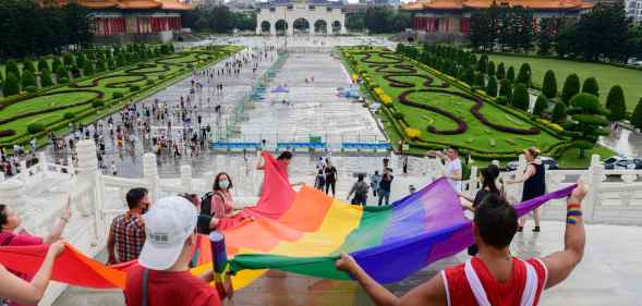 In this photograph, thousands of people march through Taipei during Taipei Pride