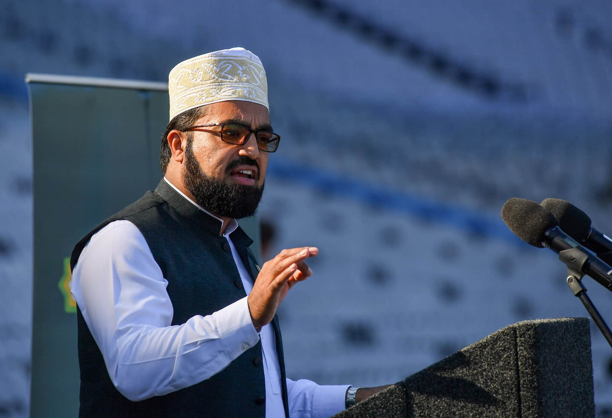 Shaykh Dr Umar Al-Qadri from Blanchardstown mosque, who led the Eid prayers, during the celebration of Eid Al-Adha at Croke Park in Dublin. 