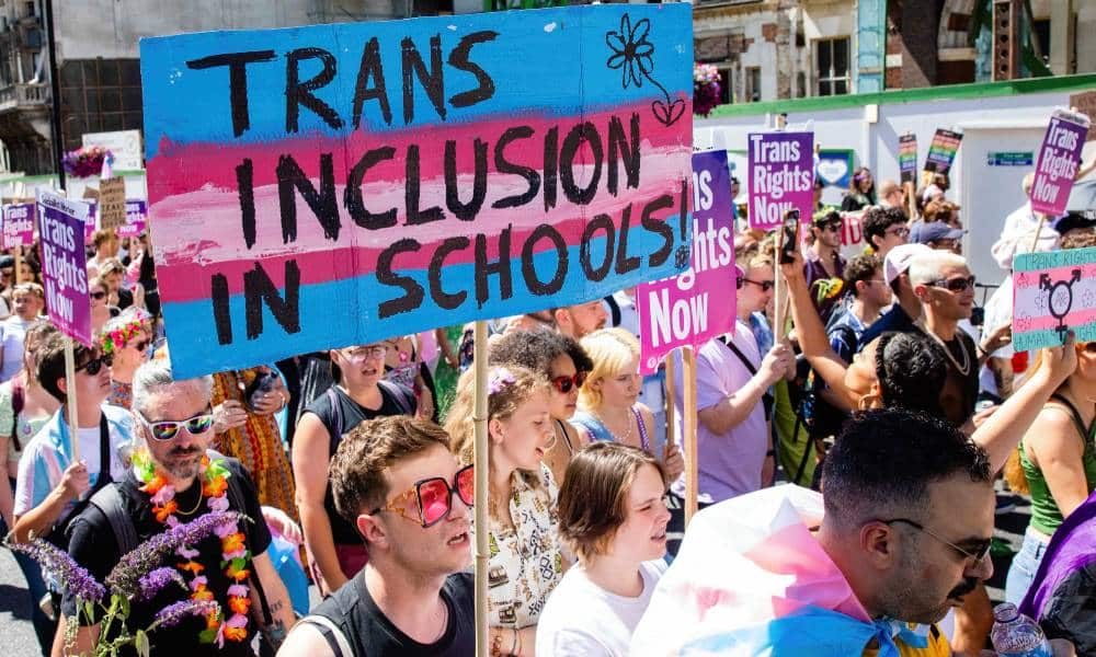 A person in a protest holds up a sign that reads 'Trans inclusion in schools' in the colours (blue, pink and white) of the trans Pride flag
