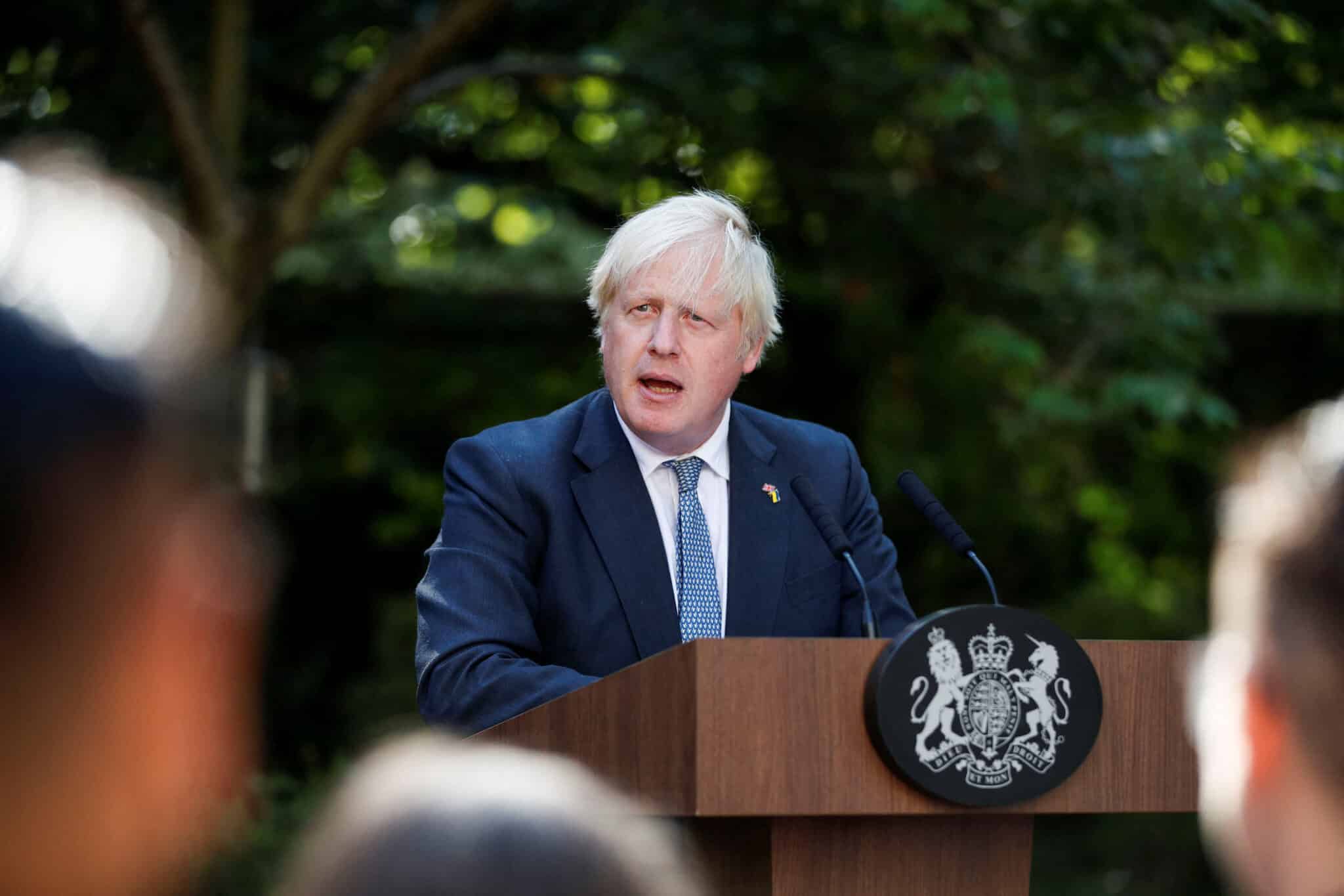 In this photograph Boris Johnson speaks behind a podium