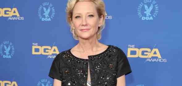 Anne Heche stares into the camera while wearing a black, sparkly coat over another outfit