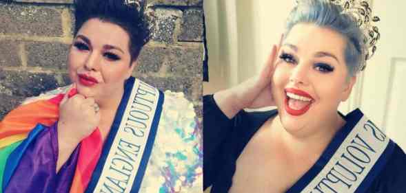 Side by side images of Laura Davis. In the photo on the left, Davis holds a rainbow Pride flag as she wears a beauty pageant crown and sash. She is wearing a reflective gown. In the photo on the right, Davis is smiling as she poses with her crown and sash while wearing a dark outfit