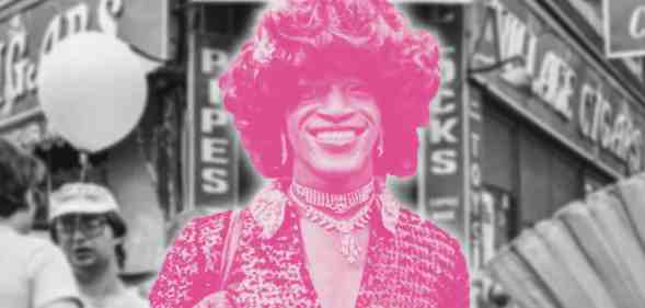 A graphic of Marsha P Johnson detailed in pink amid a greyscale background