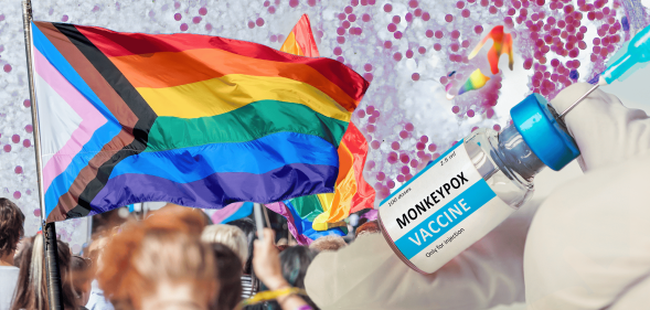 A collage of people marching in Pride, waving the Progress Pride flag, alongside a gloved hand holding a vial of monkeypox vaccine