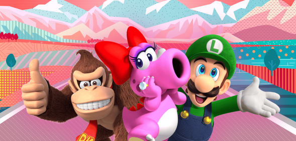 Nintendo characters Donkey Kong, Birdo and Luigi in front of mountains the colour of the trans flag