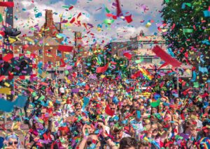 Confetti being thrown in the air at Lincoln Pride