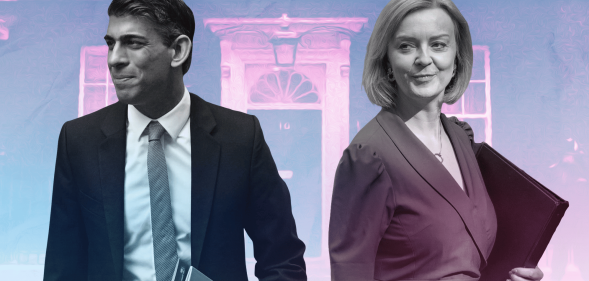 Rishi Sunak (L) and Liz Truss (R) against an edited background of 10 Downing Street lit up in pink colours.