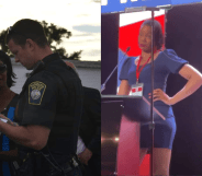 A split screen of Rayla Campbell, both beach searched by the police and speaking at an event.