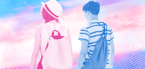 Collage of two young people facing away from the camera with the colours of the trans flag painted over