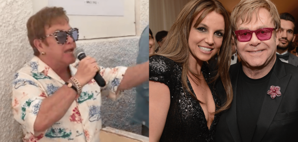 Two photos: Elton John singing into a microphone, and Elton John smiling with Britney Spears in 2013