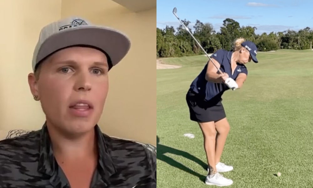 In these video screen captures, Hailey Davidson speaks on a podcast and plays golf