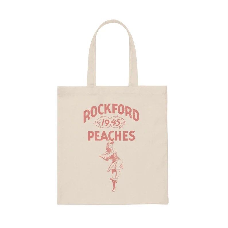 A Rockford Peaches tote bag inspired by a 1945 game programme.