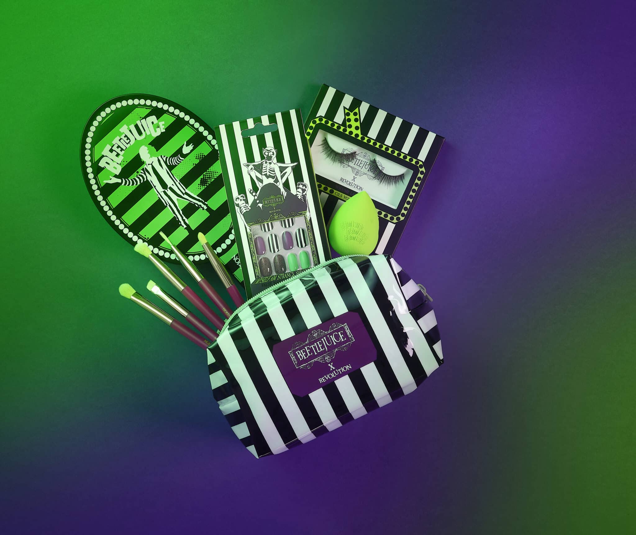 The collection features Beetlejuice-themed accessories including a makeup bag and mirror.