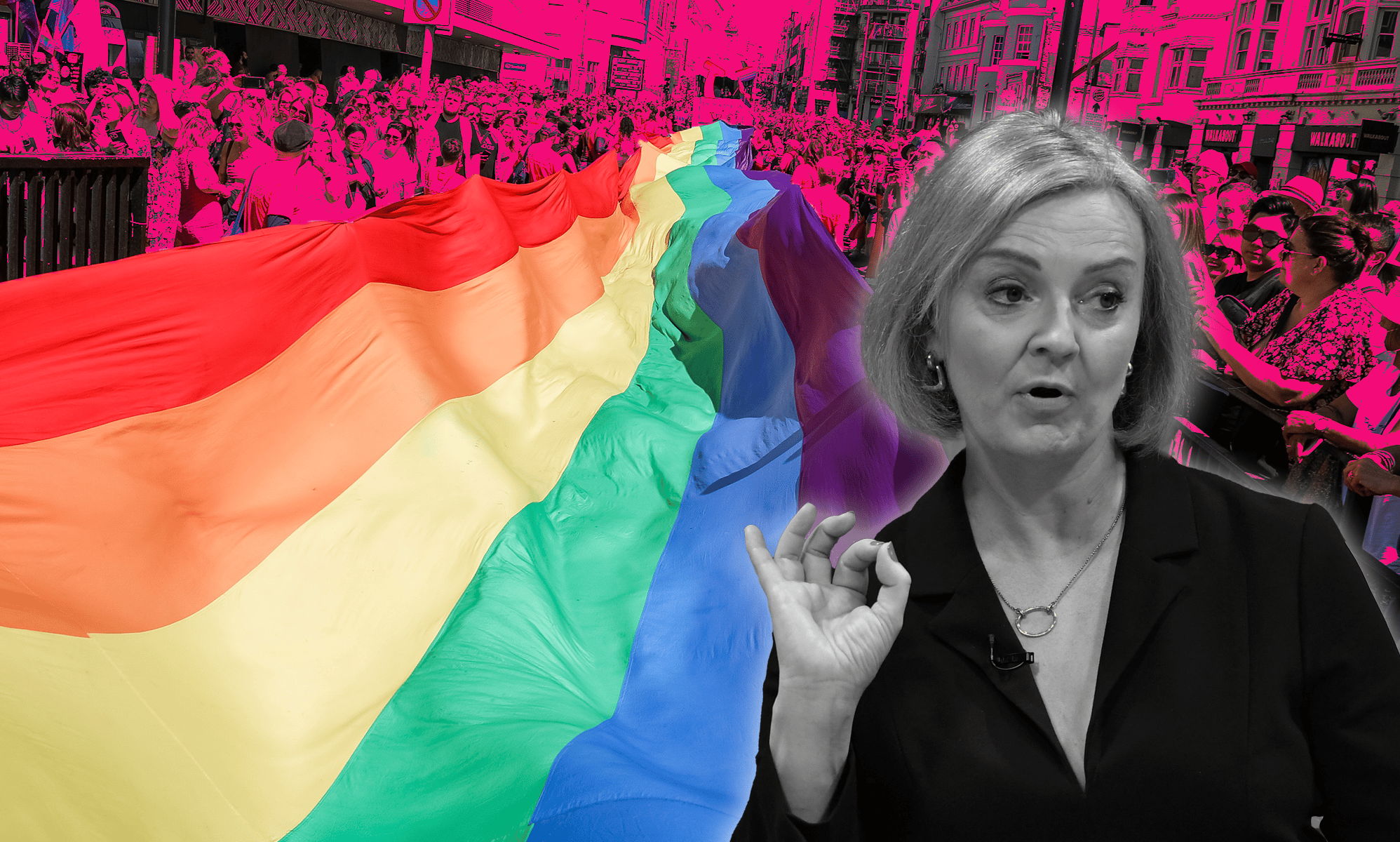 A graphic depicting Liz Truss in front of LGBTQ+ advocates