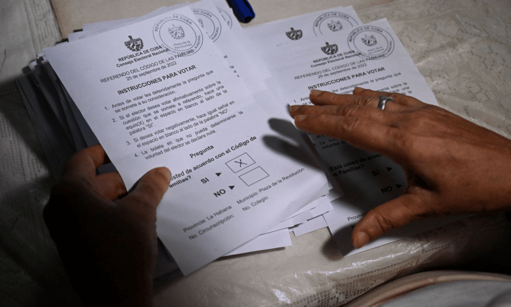 A person holds up a ballot in the Cuban vote on a new family code which would approve same-sex marriage legislation