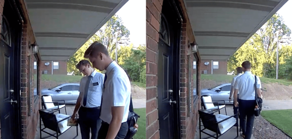 Mormon missionaries look at doormat