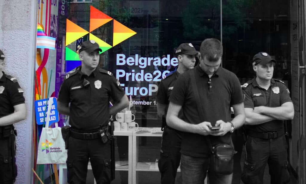 Police secure serbian LGBT Info centre during the 'Litiya for salvation of Serbia' in Belgrade.