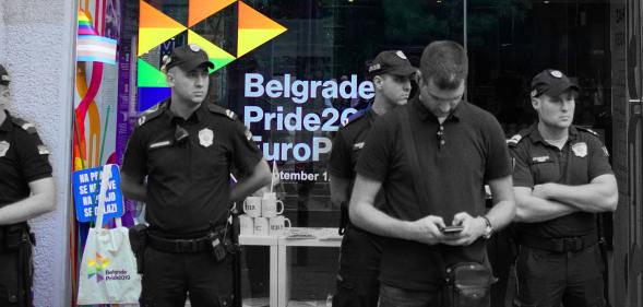 Police secure serbian LGBT Info centre during the 'Litiya for salvation of Serbia' in Belgrade.