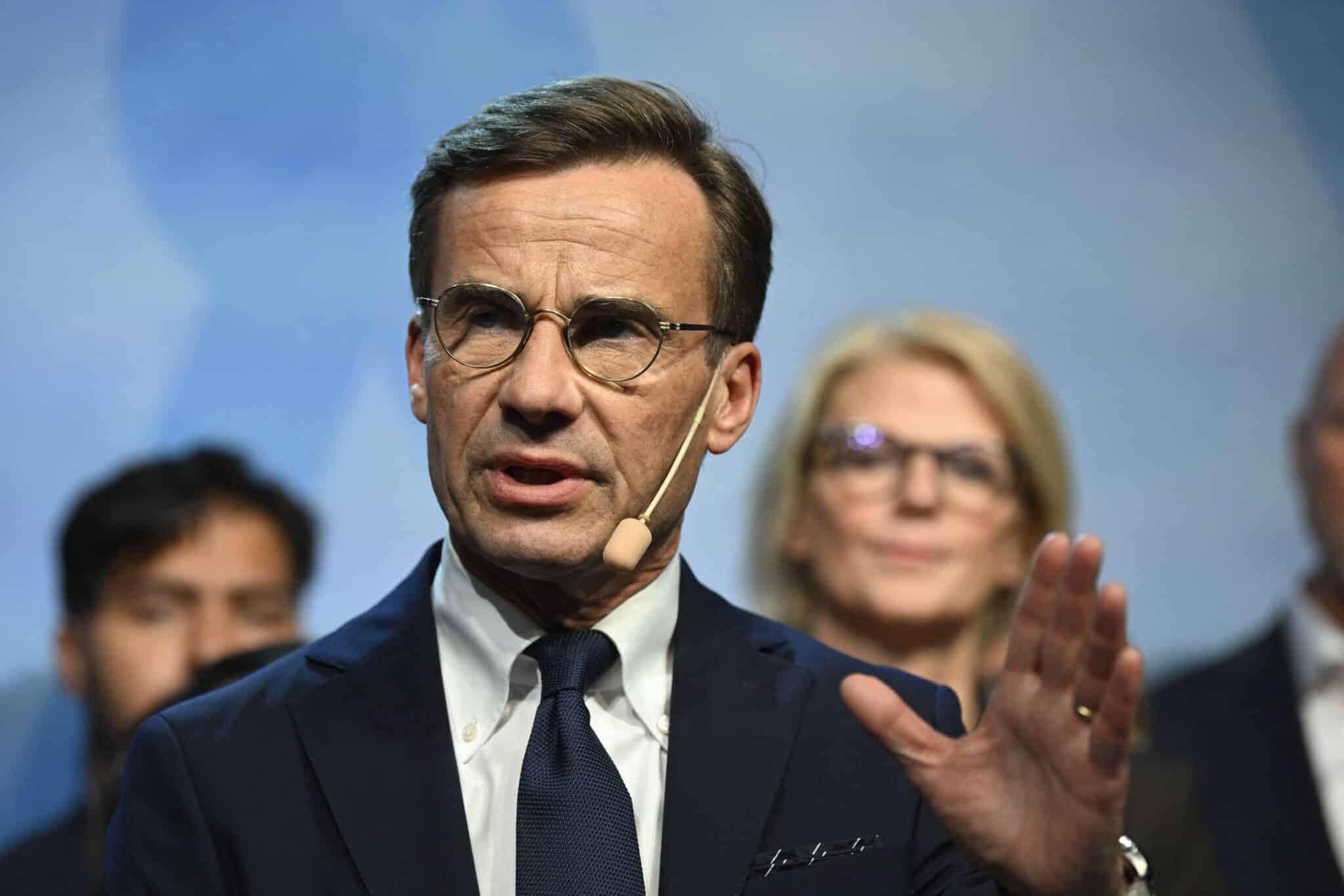 Sweden's Moderate party leader Ulf Kristersson addresses supporters during his conservative Moderate party's election party at the Clarion Sign Hotel in Stockholm, Sweden. 