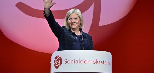 Sweden's Prime Minister and the Social Democratic party leader Magdalena Andersson waves to supporters during an election party at the Waterfront Conference Center in Stockholm