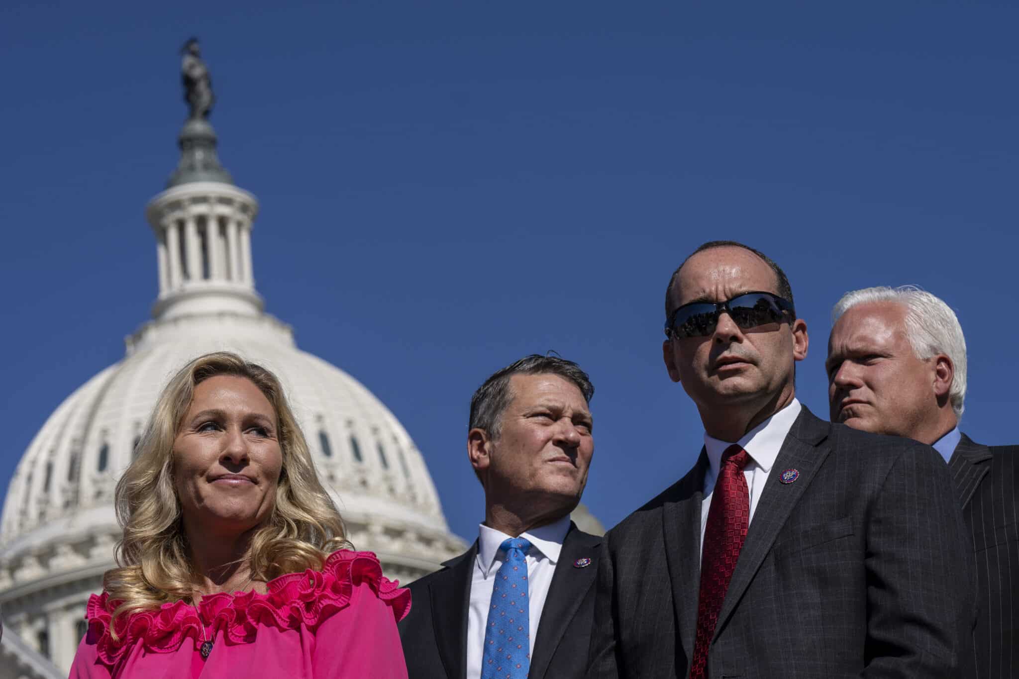 (L-R) Rep. Marjorie Taylor Greene, Rep. Ronny Jackson, Rep. Bob Good, and American Conservative Union chairman Matt Schlapp attend a news conference on Capitol Hill. 