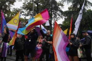 This photo shows Pride-goers celebrating a waving various Pride flags