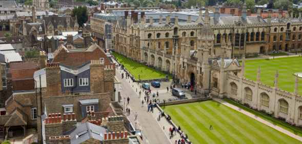 Elevated view of the skyline and spires of Cambridge and King's college.