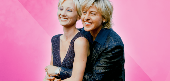 A graphic showing a cut-out image of actor Anne Heche wearing a blue dress being held by presenter Ellen DeGeneres who is dressed in dark blue suit. The pair are set against a pink background.