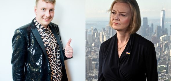 side-by-side photos of Joe Lycett giving a thumbs up and Liz Truss looking displeased