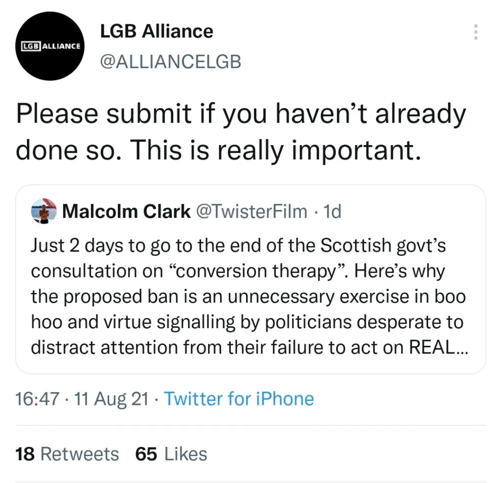 LGB Alliance tweet about conversion therapy