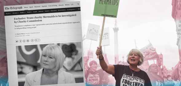 A screenshot of a Telegraph article with a picture of the CEO of Mermaids on the right holding a placard