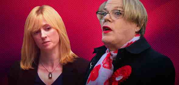 Images of Rosie Duffield and Eddie Izzard on a red background