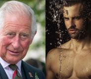 Side-by-side photos of King Charles III and a stock photo of a man at a gay sauna