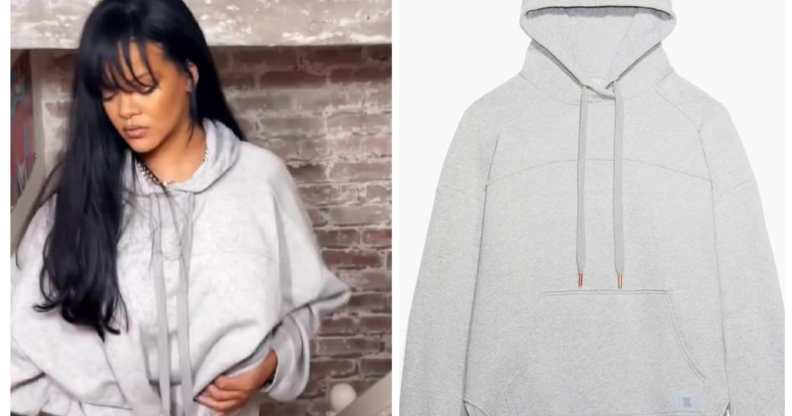 Rihanna wears a dark grey hoodie, shorts and a fur coat during a late night  movie