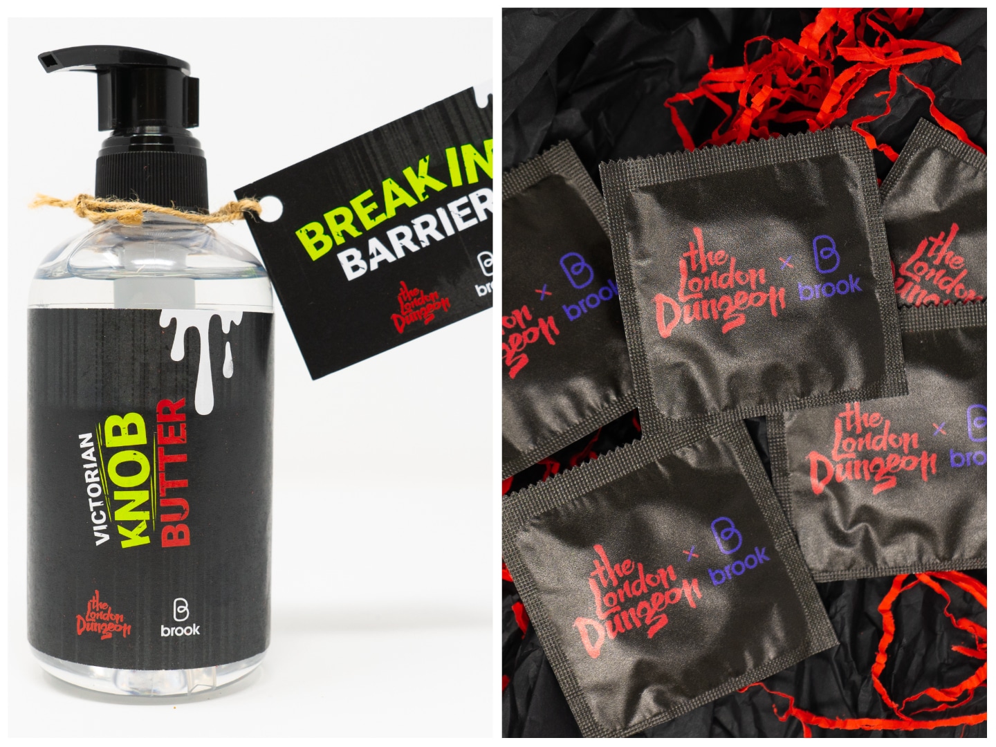 The kit features Knob Butter lube and London Dungeon-branded condoms.