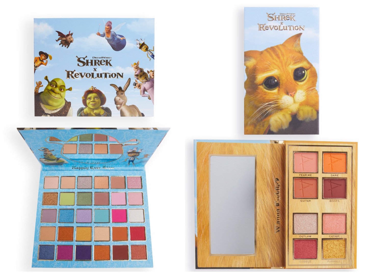 The Shrek x Revolution Beauty collaboration features palettes with shades inspired by the film series.