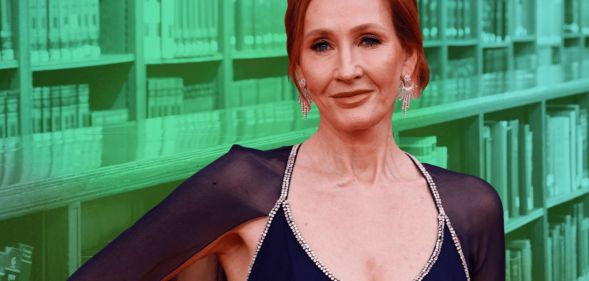 A graphic composed of an image of JK Rowling, who is wearing a dark dress with a cape, in front of a picture of books washed in a green colour