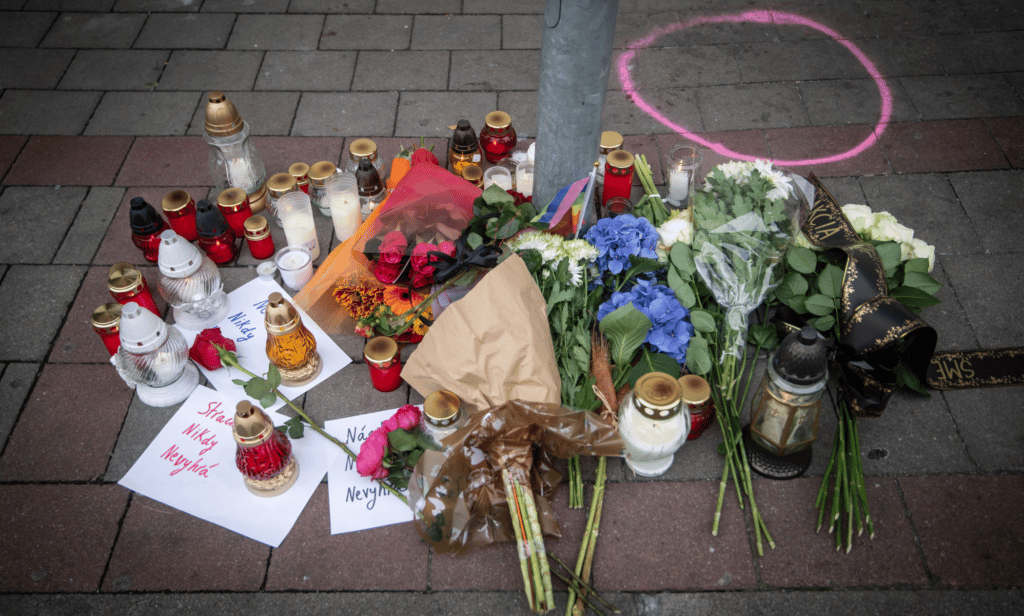A memorial has been created on the pavement at Zamocka Street in Bratislava, Slovakia after a 'radicalised teen' shot dead two men at Tepláreň