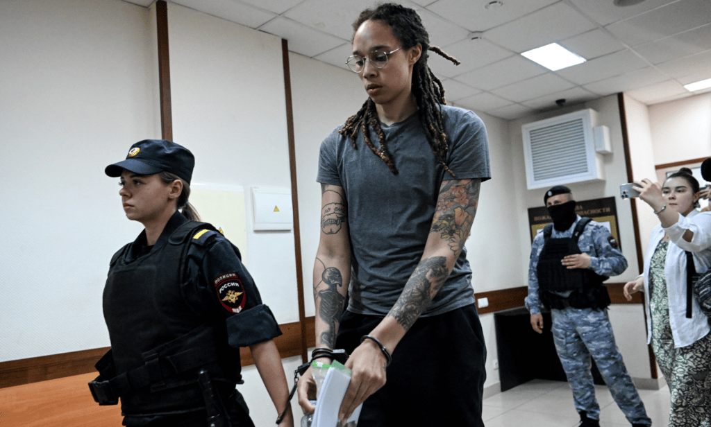Brittney Griner leaves the courtroom before the Russian court's final decision