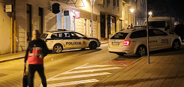 Police cordoned off Zamocka street following a shooting at an LGBTQ+ bar in Slovakia's capital Bratislava